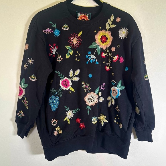 Johnny Was Martine Cotton Embroidered 3/4 Sleeve Cropped Boho Sweatshirt Size XS - Picture 2 of 16